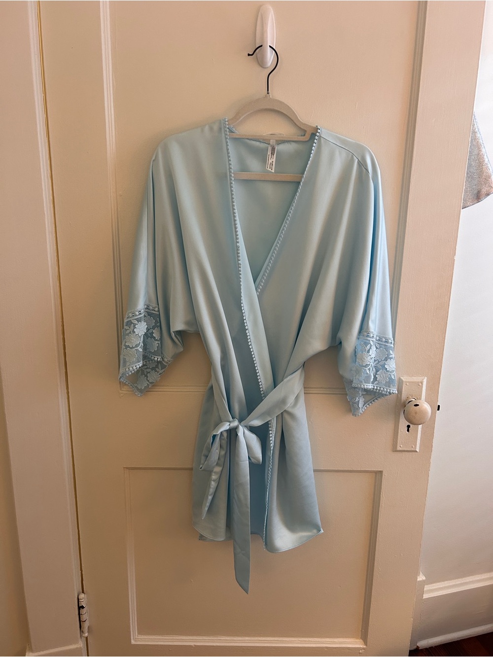 Flora Nikrooz Light Blue Satin Robe with Lace Trim